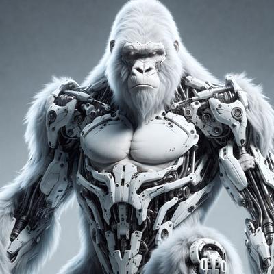 The primary subject of the image is a gorilla with a mechanical body. The gorilla is the main focus of the image, and it appears to be a digital art or illustration. The setting is a gray background, which contrasts with the mechanical gorilla. The visual style gives the image a futuristic and technological mood.